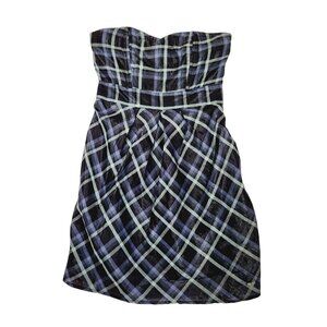 ROXY blue silver shimmer plaid sweetheart neck dress M corset top‎ strapless